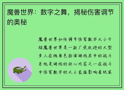 魔兽世界：数字之舞，揭秘伤害调节的奥秘